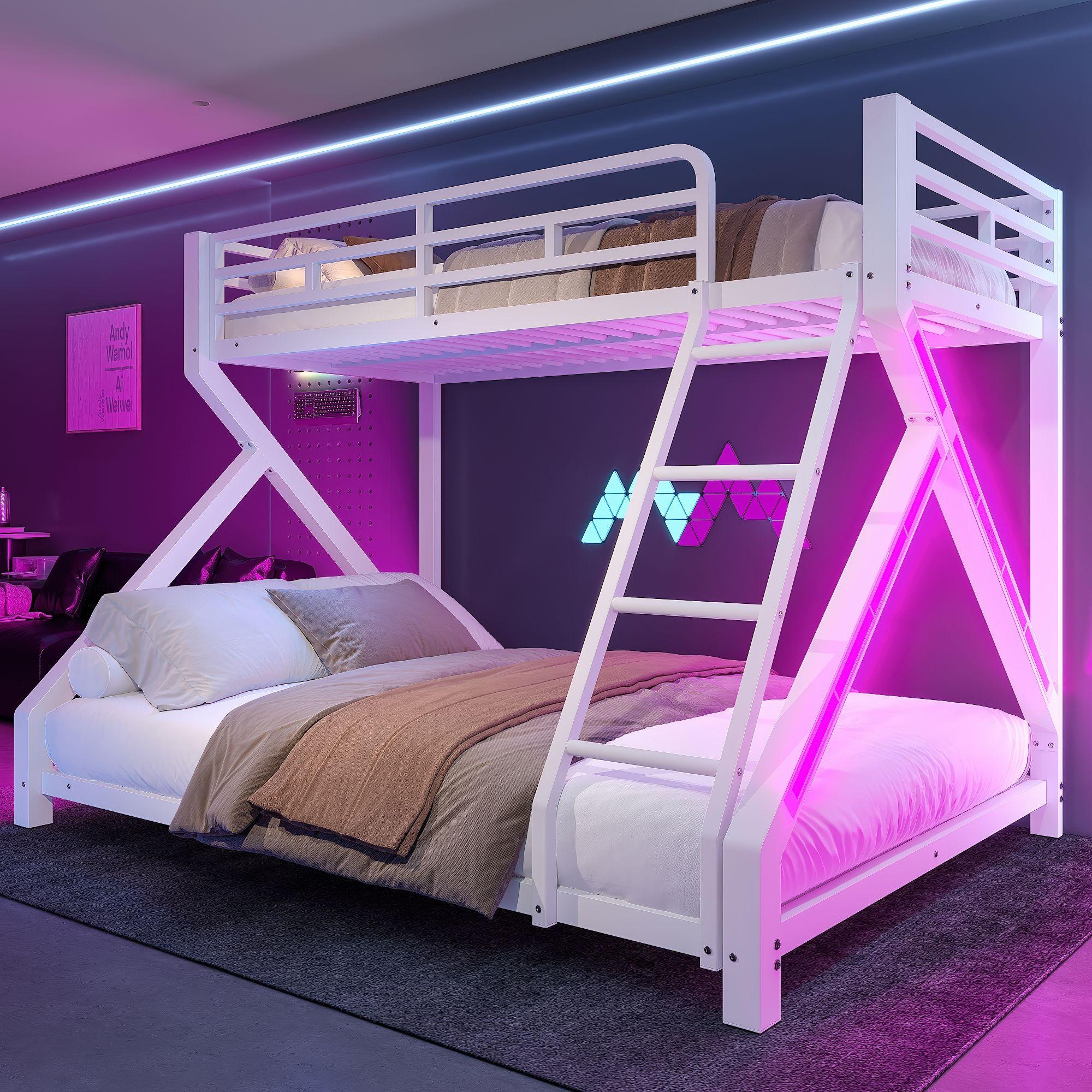 Merax Etagenbett 90x200cm und 140x200cm, Kinderbett aus Metall, LED-Lichtleiste, Sicherheitsgeländer, Leiter, Stockbett, Jugendbett, Weiß