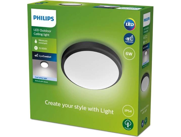 Philips Plafonnier LED d'extérieur Applique Doris Lumière blanche froide 6W IP54