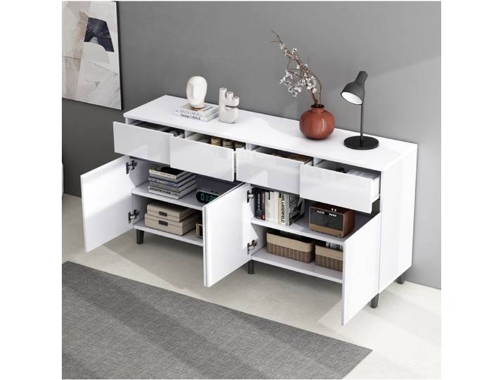 Maisentiel Buffet bas blanc brillant 160 x 40 x 68 cm 4 tiroirs 2 portes panneaux de particules