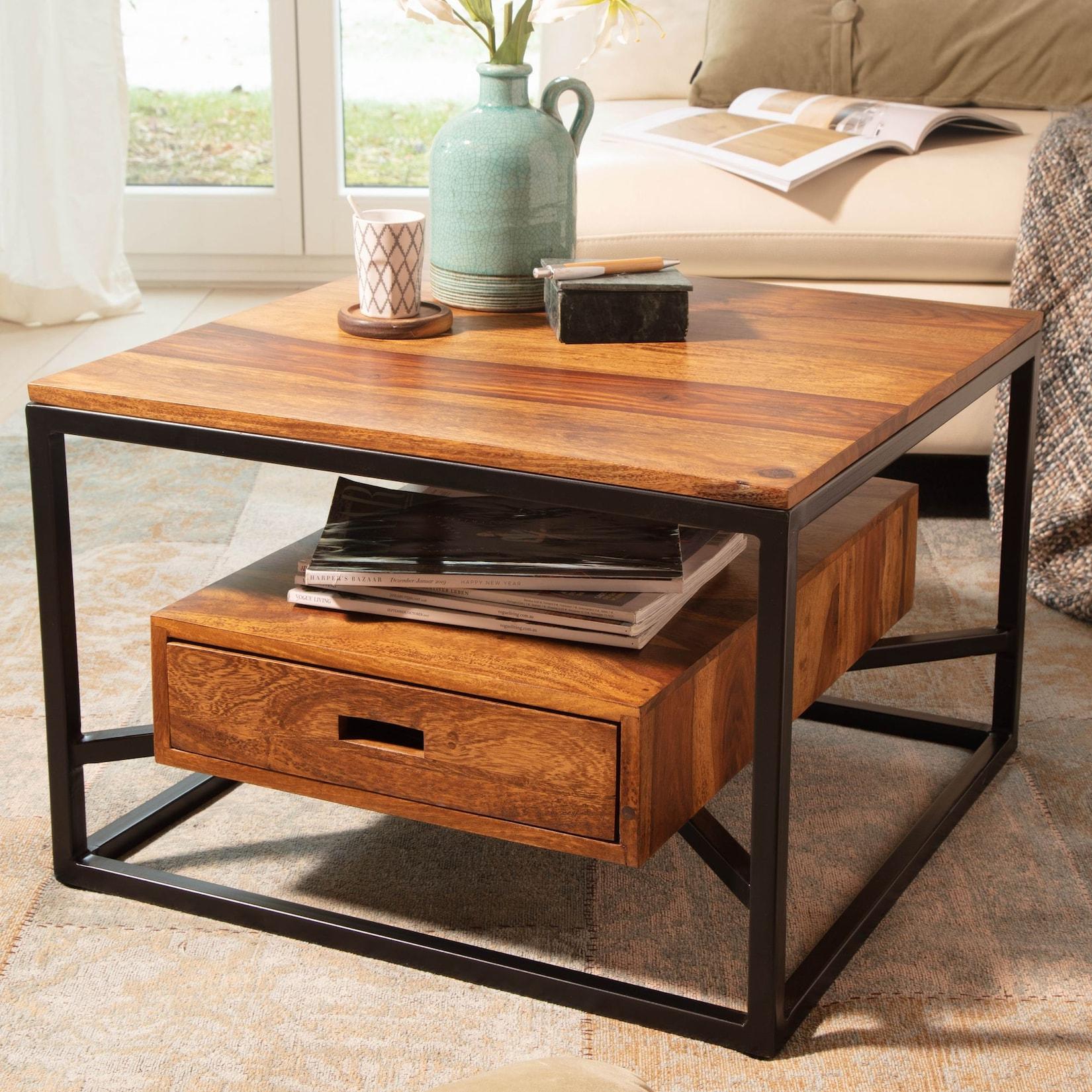 Couchtisch FineBuy Sofatisch Massivholz 60x60x40 cm Wohnzimmertisch Schublade