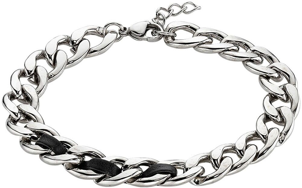 Armband BRUNO BANANI "Schmuck Geschenk Edelstahlarmband mit Lederimitateinsatz", schwarz (edelstahlfarben, schwarz), Armbänder, Damen, 21cm, Edelstahl Lederimitat, Edelstahl, Lederimitat, Armband edelstahlfarben, schwarz 21cm, Edelstahl Lederimitat