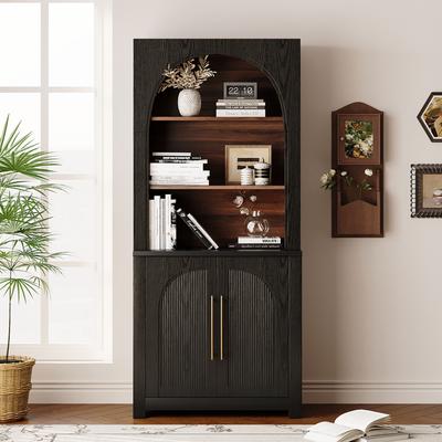 Kodotan sofa "70.87"" Modern Bookshelf with Large Storage Cabinet, Open Display Shelves and Arched Doors for Living Room, Office"