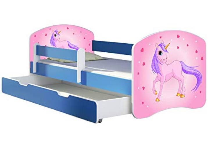 ACMA Kinderbett Jugendbett mit Einer Schublade und Matratze Blau mit Rausfallschutz Lattenrost II 140x70 160x80 180x80 (17 Pony, 180x80 + Bettkasten)