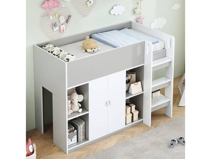Lit Mezzanine Multifonctionnel Pour Enfant 90x200 cm avec Armoire Structure de Lit avec éChelle Lit Simple Superposé Gris