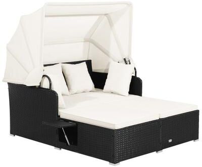 Costway Patio Rattan Daybed with Retractable Canopy and Side Tables-Off White