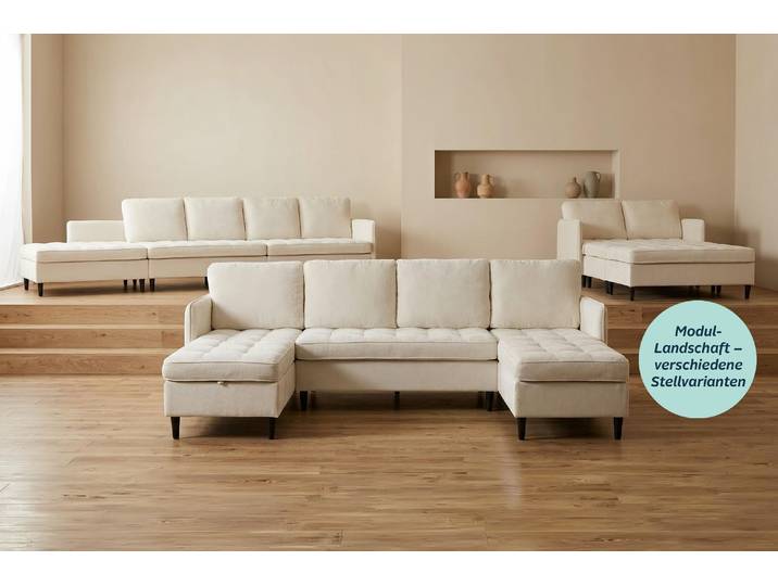 Wohnlandschaft DOREL HOME LINDHUS, Chenille, Modulsofa, verschiedene Stellvarianten , creme, B:254cm H:80cm T:127cm, 100% Polyester, Sofas, Wohnlandschaft, Breite als U-Form (254cm) mit Verbindern fixierbar, Recamiere,Stauraum