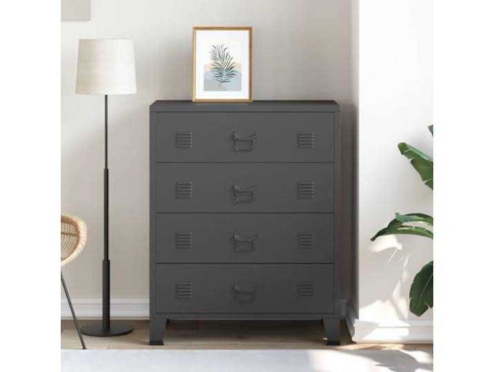 Kommode aus Metall, 4 Schubladen, 78 x 40 x 93 cm, Schwarz Industriestil, robustes Blech, pflegeleicht, Lüftungsschlitze, einfache Montage