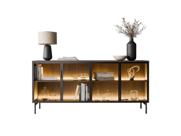 SIDEBOARD LINEA LOFT mit Glasfronten und LED-Beleuchtung Eiche + Schwarz