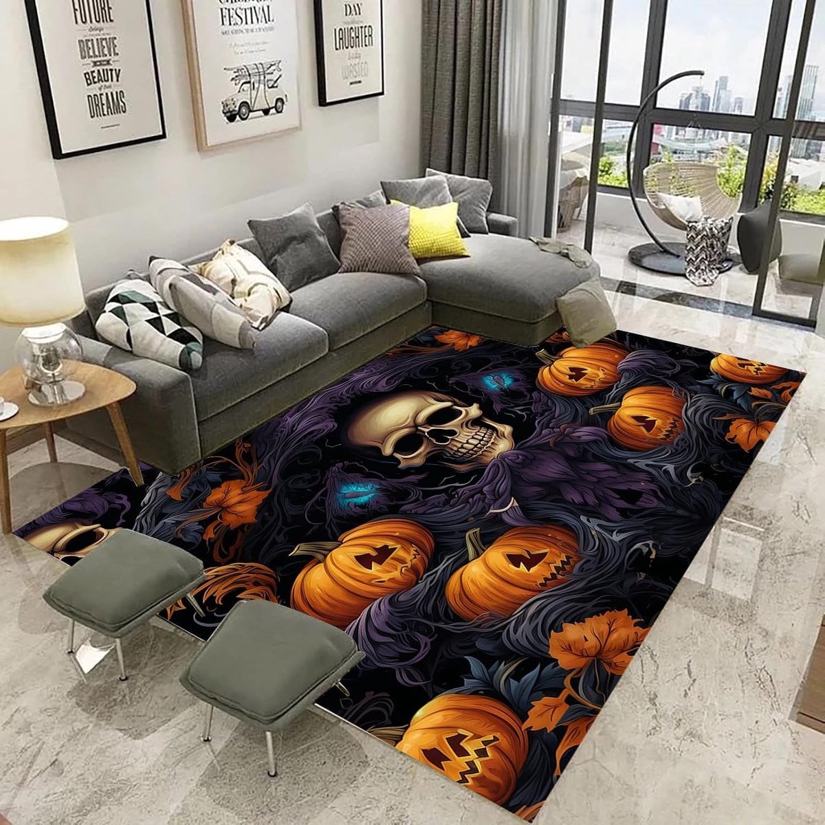 Antislip vloermat met 3D schedel en paddenstoel bloemen motief voor woonkamer, slaapkamer, keuken of badkamer