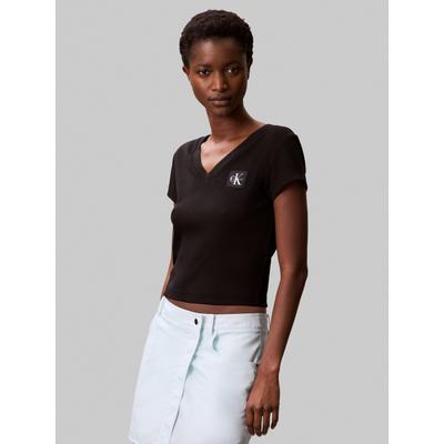Calvin Klein Jeans "A- SS WOVEN LABEL RIB VNECK TEE" mit gewebtem Label