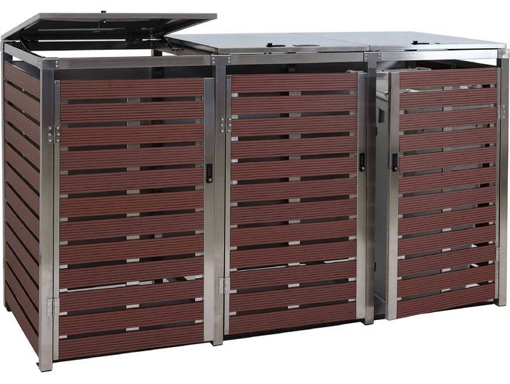 3er Mülltonnenverkleidung HWC-K14, Mülltonnenbox, 120x200x85cm WPC Edelstahl 104kg Walnuss-Holzoptik