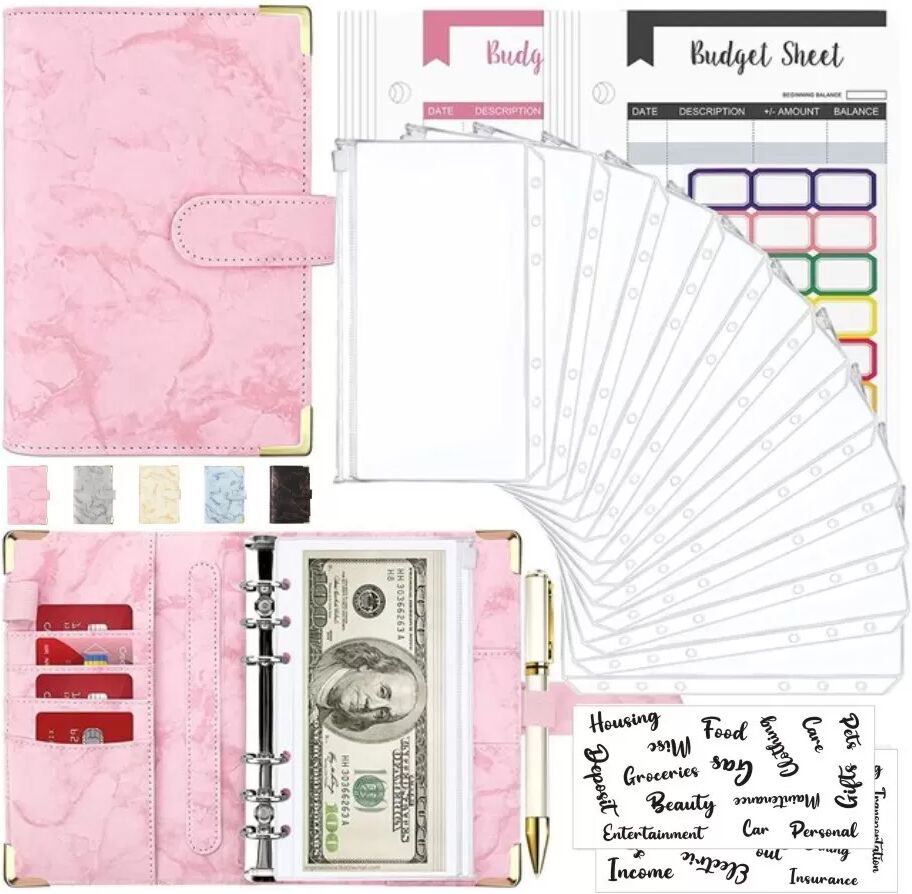 INF Classeur budgétaire A6 en marbre avec enveloppes pour espèces, carnet de suivi des dépenses Rose
