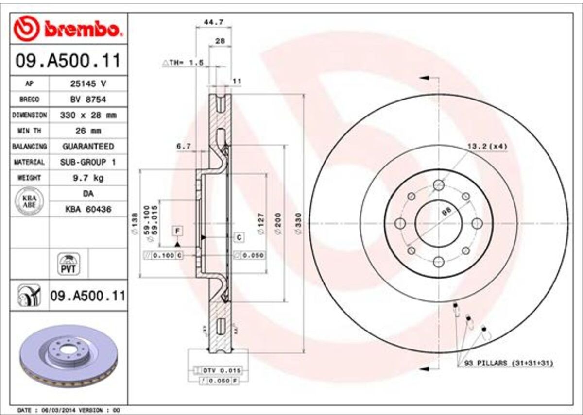 Bremsscheibe BREMBO 09.A500.11, vorne, belüftet, 1 Stück