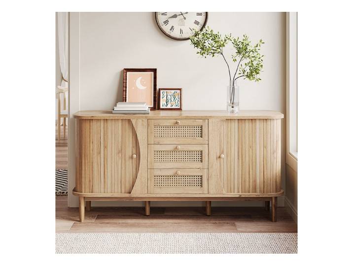 KLAM HOME Sideboard Rattankommode, Kommode mit Schiebetüren, mit verstellbaren Einlegeböden und abgerundeter Platte