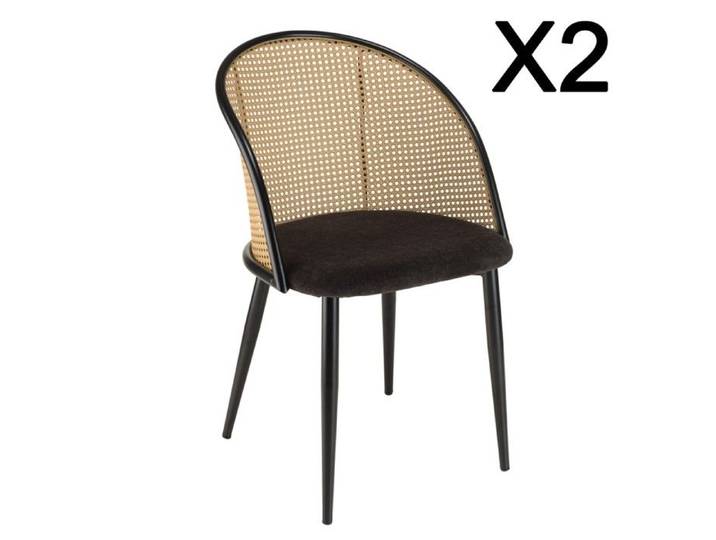 MACABANE LEA - Lot de 2 fauteuils tissu noir dossier arrondi effet cannage