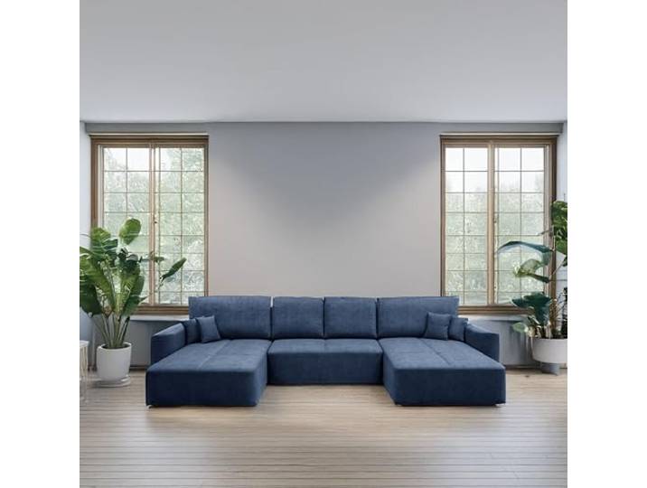 KP-Meble Ecksofa mit schlaffunktion und bettkasten, U-förmiges Ecksofa Soreo, Schlafsofa 330x140cm, Automatisch für einfaches Ausklappen, 389x184x93cm (Whisper 13, nachthimmel)