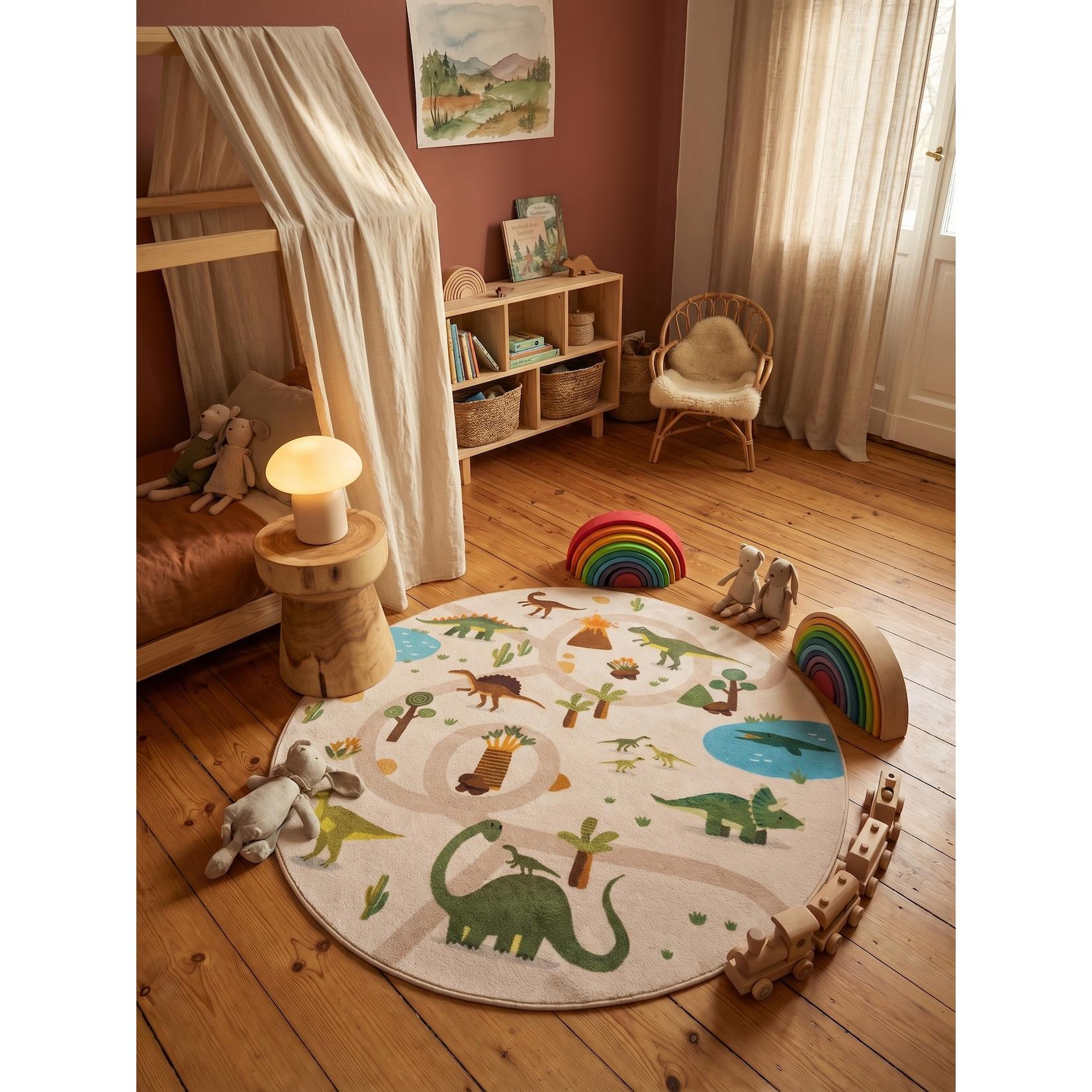 Kinderteppich Dinosaurier-Landschaft Beige 160x160 cm Waschbar