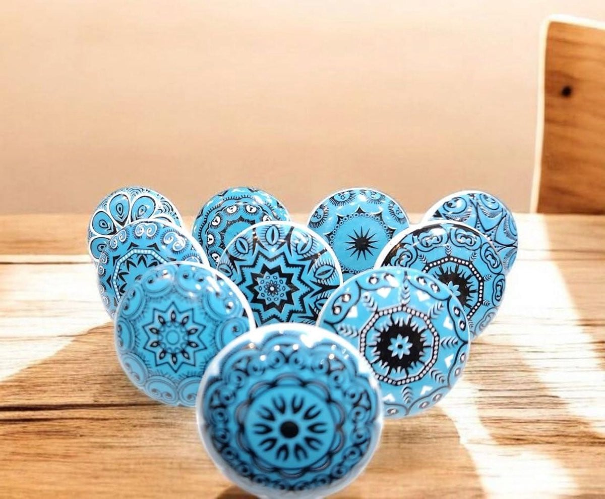 Set van 10 handgemaakte keramische knoppen voor meubels en lades - Aqua Blauw