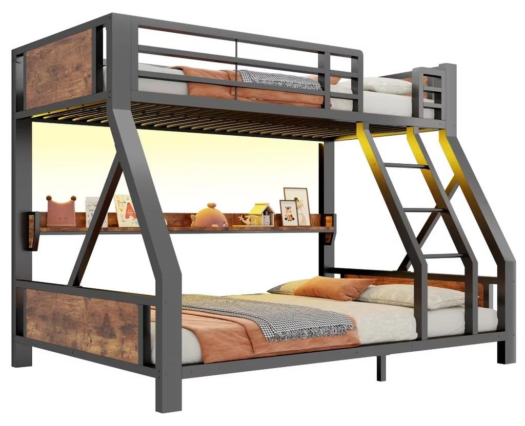 Etagenbett - Oberbett 90 x 200 cm - Unterbett 140 x 200 cm - Metall- und Holzrahmen - Stauraum - Schwarz