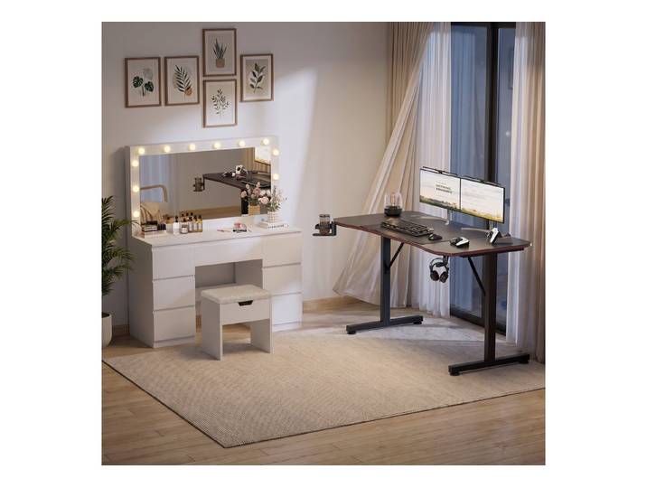 HOMALL Schminktisch Kombi-Set aus Schminktisch und Gaming-Tisch (Schminktisch mit LED-Beleuchtung, einstellbarer Helligkeit, Stauraum, 2 Steckdosen + USB-/Typ-C-Anschluss, 140 cm langer Gaming-Tisch in ergonomischem Design)