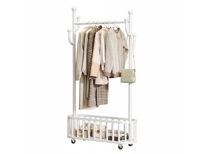 Portant à vêtements métallique robuste sur roulettes verrouillables – Avec paniers étagère et crochets – 100cm large blanc