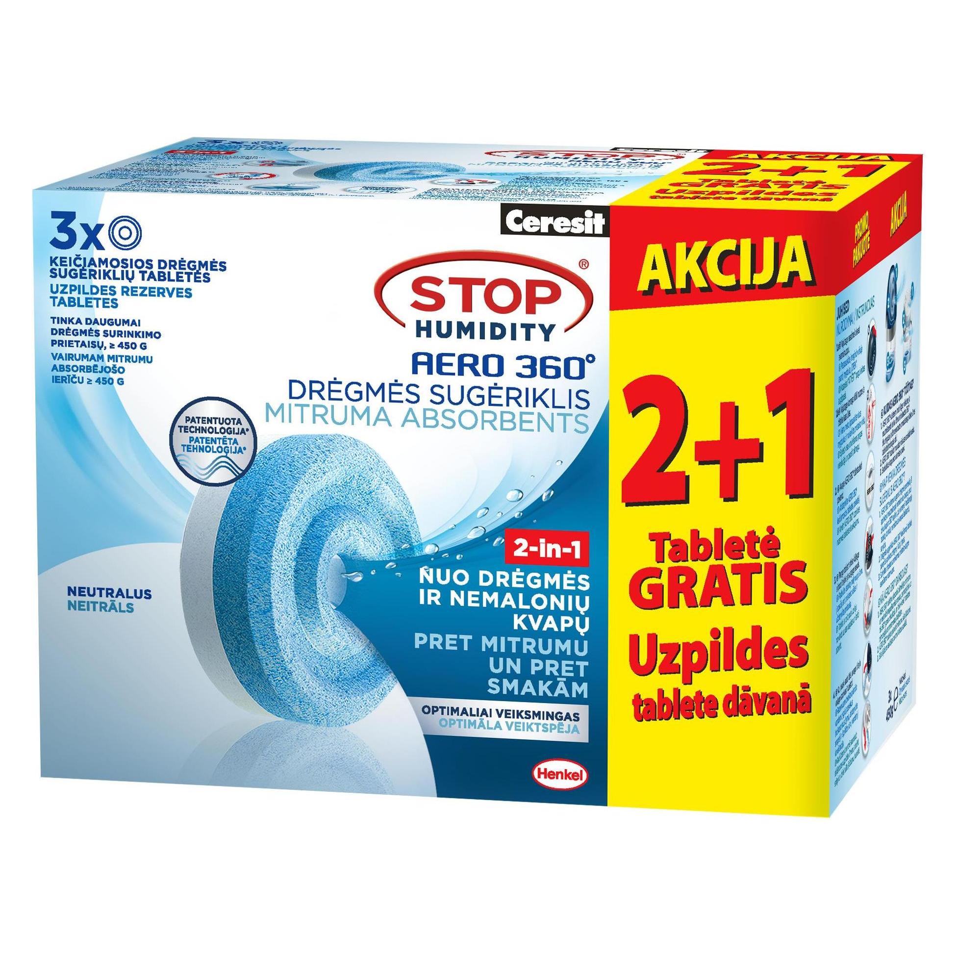 Ceresit Stop Humidity Aero 360 niiskuseimaja täitetablett Neutraalne PROMO 3x450 g (CER-2249401)