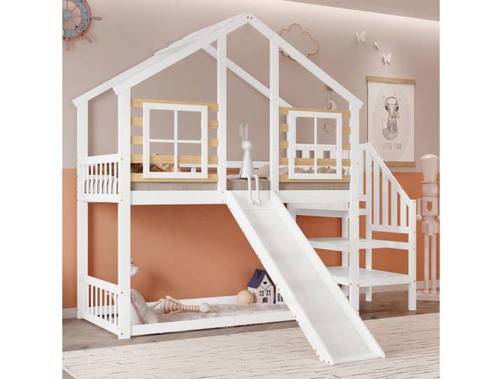 Lit superposé enfant cabane avec escalier toboggan et fenêtres blanc et naturel