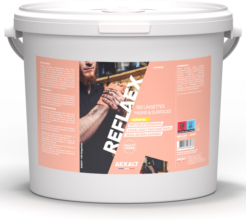 Reflaex lingettes mains et surfaces seau de 130 lingettes AEXALT SA607 Blanc