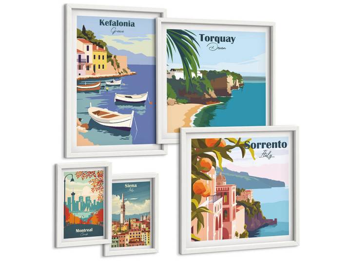 Tulup Bilder SET 5er Set - 50x50 cm & 20x30 cm & 40x60 cm Weißer Rahmen - Retro-Illustrationen berühmter Orte, Kunststoff, Rechteckig, 40x60 cm, einfache und schnelle Anbringung, Bilder & Rahmen, Bilder