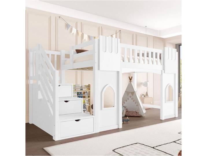 HOMVRA Lit mezzanine enfant 90x200 cm avec escalier de rangement fenêtres décoratives blanc
