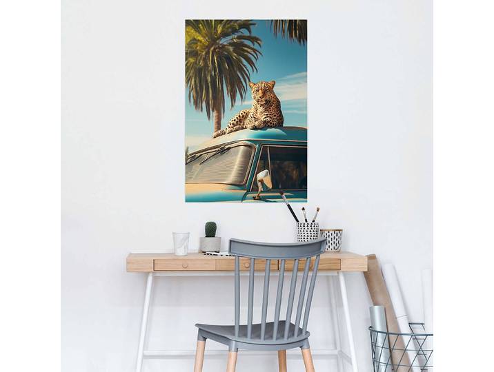 Poster Safari en voiture ancienne Papier Bleu 61 x 92 x 0cm
