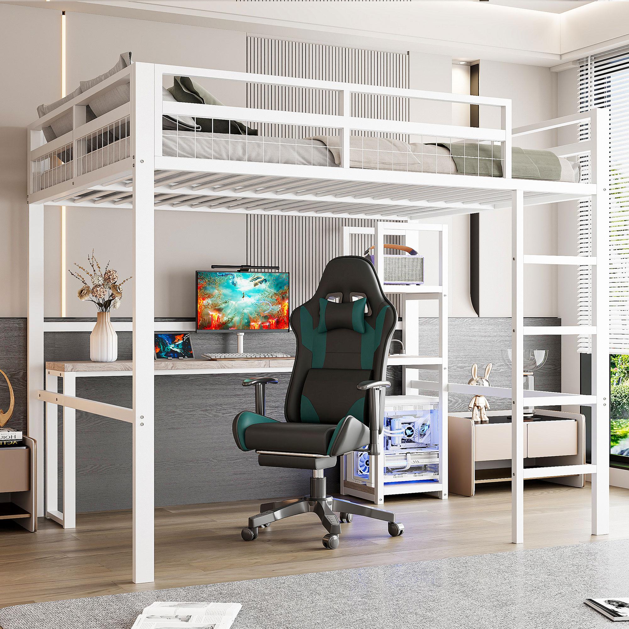 Merax Etagenbett 140x200cm, mit Schreibtisch, Regalen, Geländer, USB & Type-C, Eisenrahmen, Hochbett, Jugendbett, Metall Stockbett, Weiß