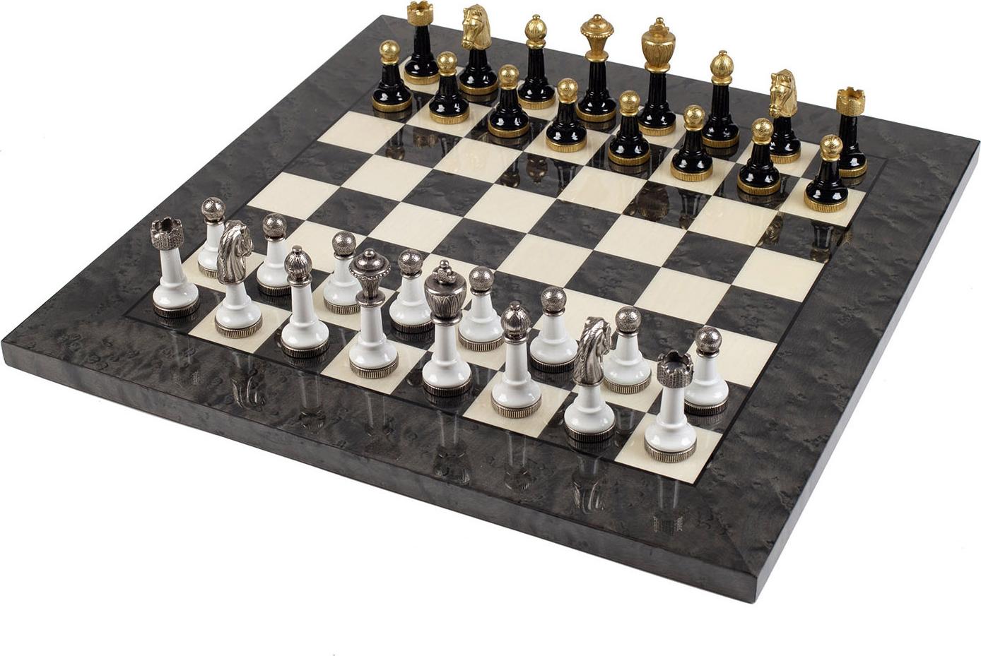 Italienische Schachfiguren Metall/Wood + Schachbrett Holz Grau Glanz 42