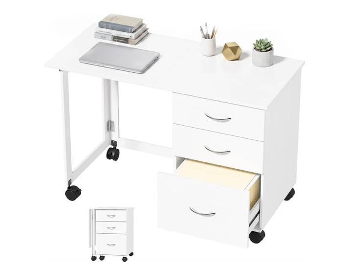 Bureau - Bureau pliable - Blanc - Structure pliable pour le rangement - À roulettes - 3 tiroirs - Charge maximale par tiroir 5 kg