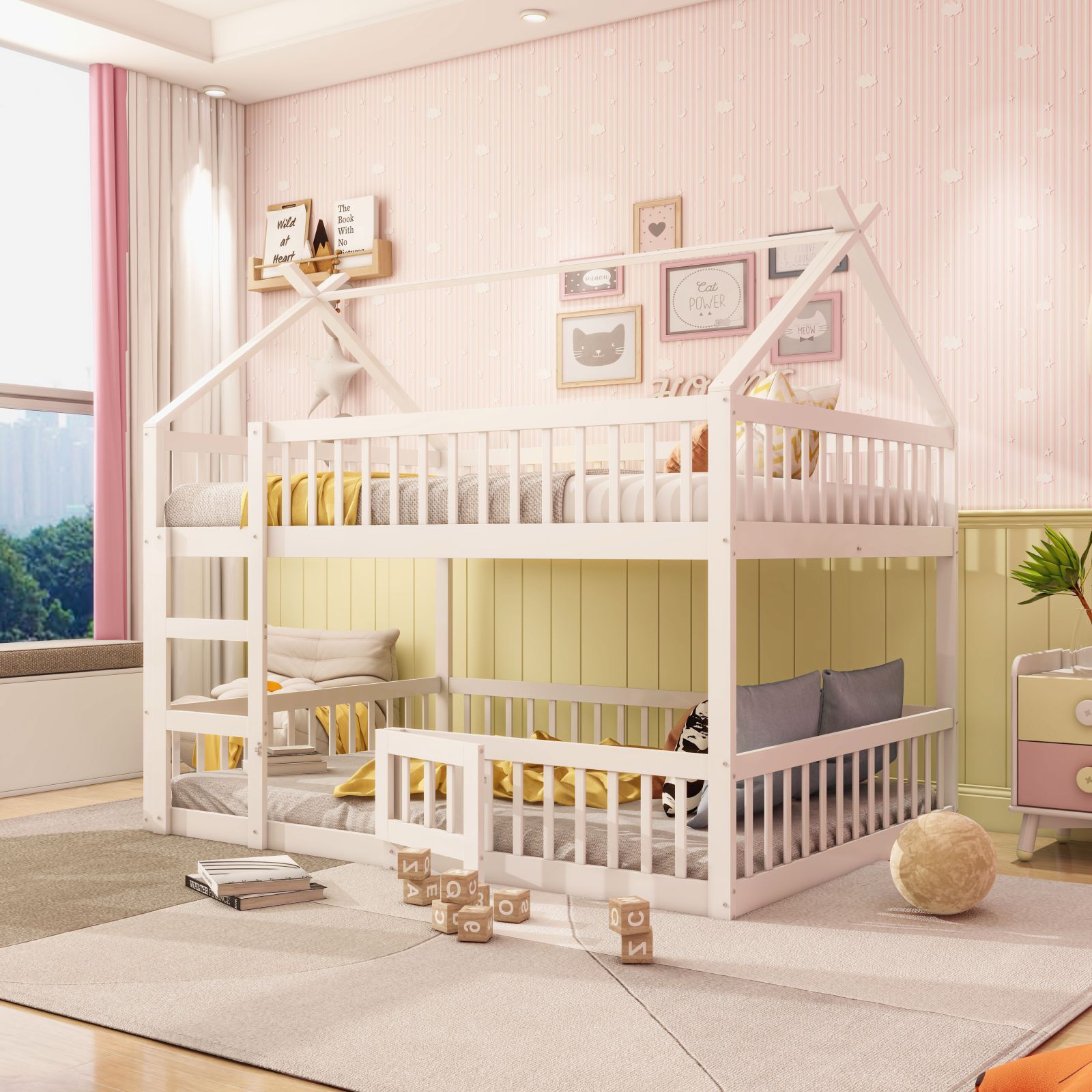 Fortuna Lai Etagenbett 140x200cm mit Lattenrost, Hochbett mit Leiter, Kinderbett Hausbett mit Unterbett, Einzelbett Holzbett Spielbett mit Tür, Weiß