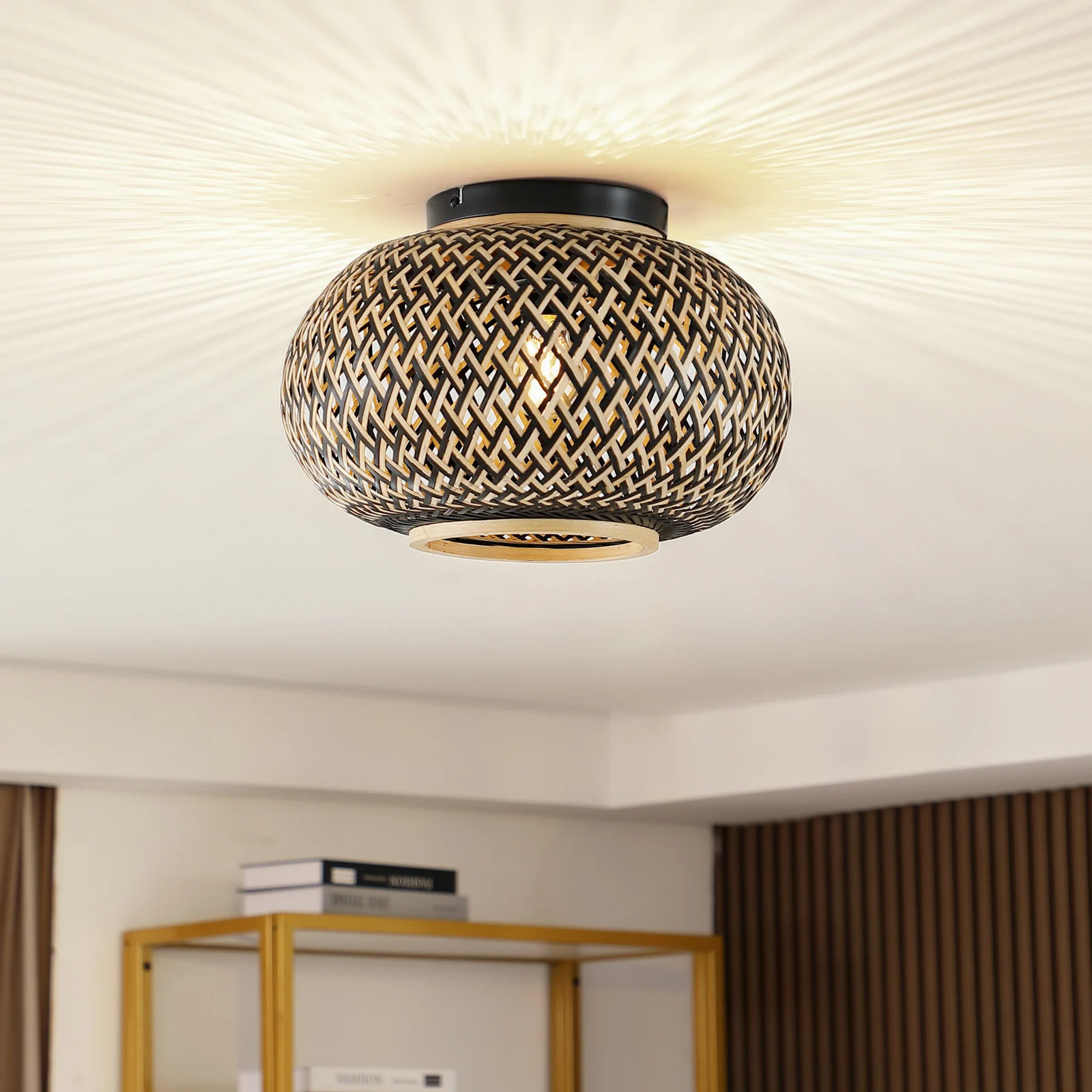 Lindby Nerys Plafondlamp - Zwart/Bruin Hout - Dimbaar