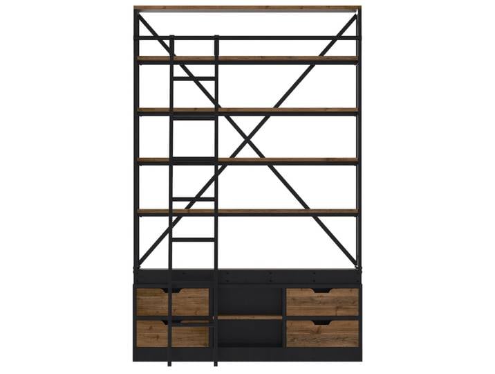 Bibliothèque 160 cm en bois et métal avec échelle, 4 tiroirs