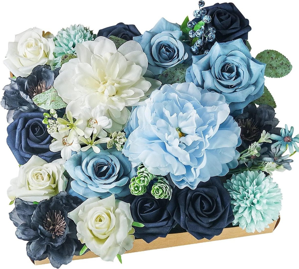 Set van 30 zijden kunstbloemen in wit en blauw voor bruiloft decoratie