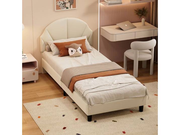 Lit Simple 90x200 cm avec Tête de Lit Réglable en Hauteur Lit Rembourré Lit Simple avec Sommier Lit Fille Velours Beige