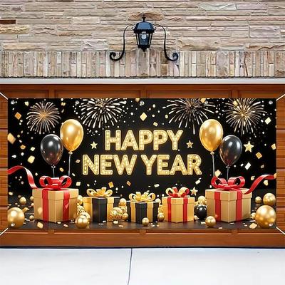 Silvester Tapisserie Garagentorabdeckung Großes Hängendes glückliches neues Jahr 2026 Feuerwerk Niedlich 3D Party Outdoor Urlaub Hintergründe aufnehmen Yard Wohndeko