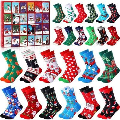 LightInthebox Christmas Socks Advent Calendar for Kids, 12/24 Pair of Christmas Crew Socks Funny Socks Countdown to 2024 Christmas, 24 Days Surprise Christmas Gifts Warm Cotton Socks