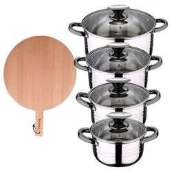 BERGNER - DINA 8-teiliges Kochgeschirr-Set (16/18/20/24cm) aus Edelstahl, induktions, mit einem runden Schneidebrett aus Buchenholz (38x28x1,5cm)