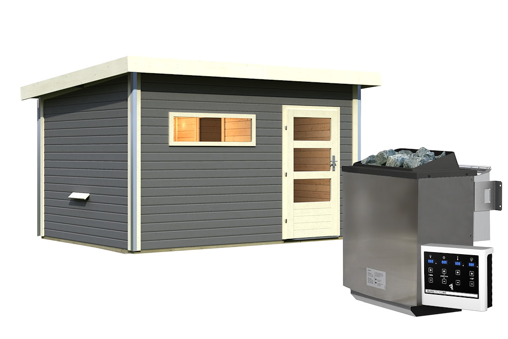 KARIBUHOLZT Sauna Skrollan 3 Ofen 11kW Bio ext. terragrau mod.Tür 16989969