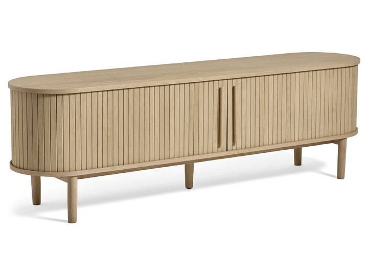 Selsey TV-Schrank Meta TV-Board oval mit Lamellenfront, Schiebetüren, gekälkte Eiche