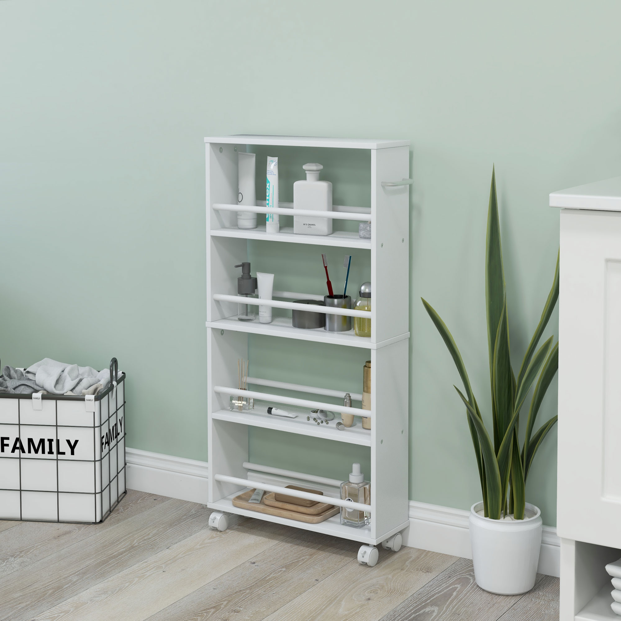 Homcom Scaffale multifunzione con ruote, struttura stretta, 4 scomparti, 45x15x91 cm, Bianco   Aosom Italy