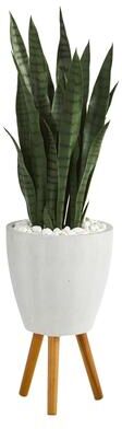 Nearly Natural 4' Sansevieria Artificial Plant in White Planter with Stand