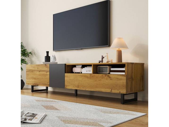 Meuble TV et Bois Meuble TV Moderne avec Couleurs Contrastées avec Grain de Bois Rétro Rangement Spacieux 170x36.5x42cm