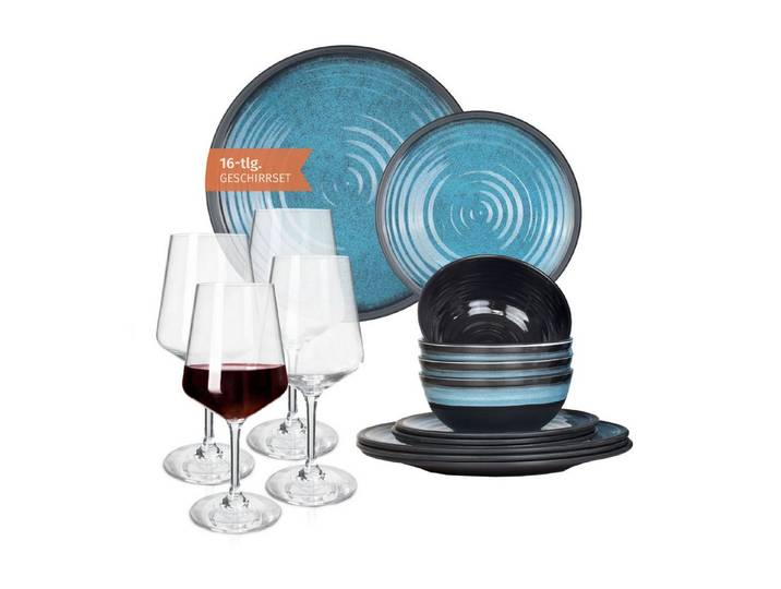 Moritz Geschirr-Set Camping Geschirr Stone Blue + Milano Rotweingläsern
