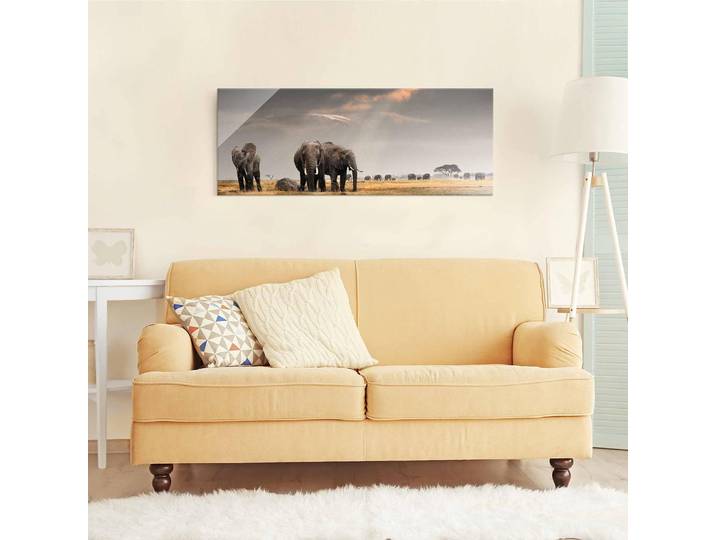 Tableau déco éléphants dans la savane Verre de sécurité ESG selon les normes DIN EN 12350-1 Bords sécurisés légèrement arrondis Multicolore 125