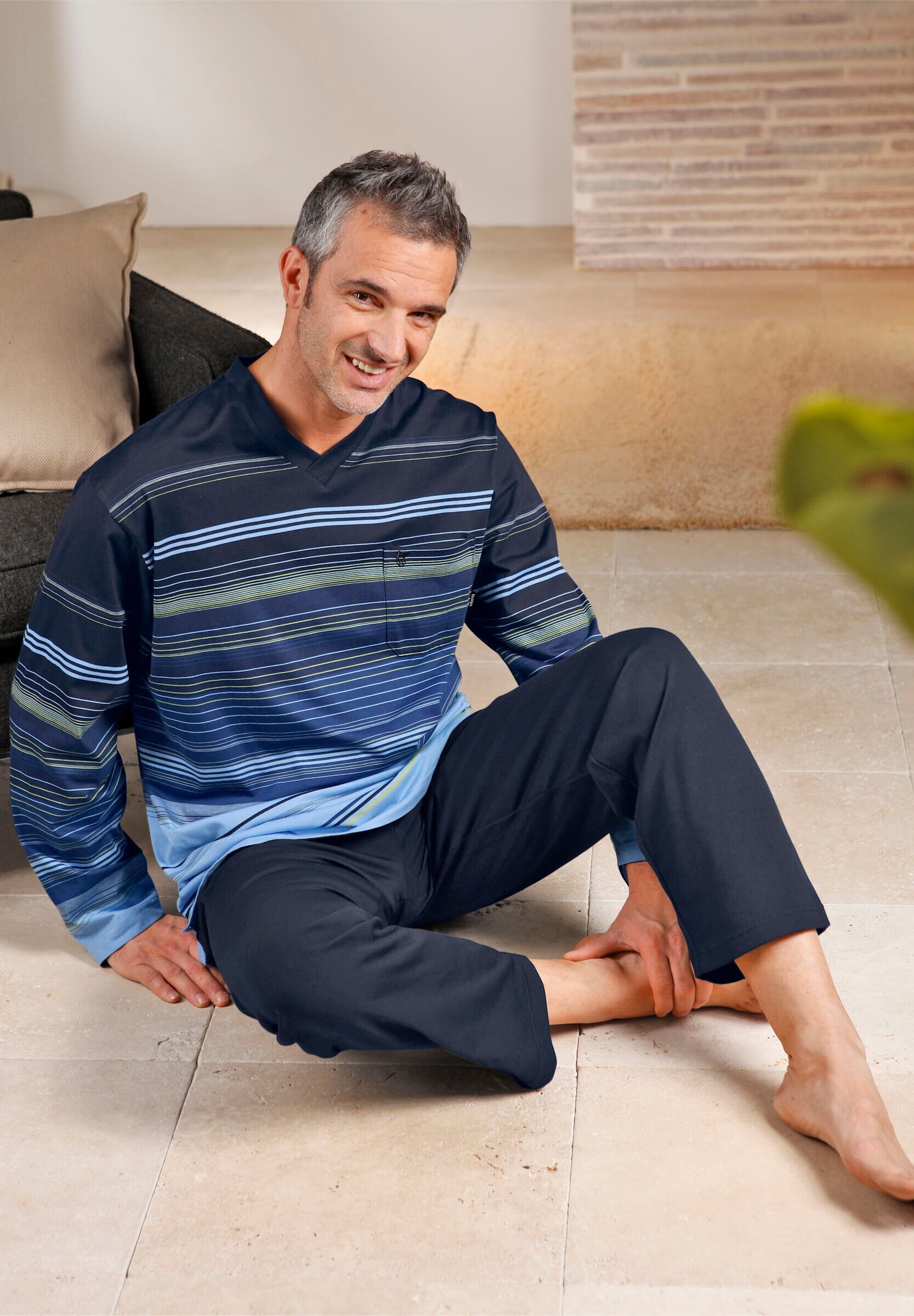 Schlafanzug HAJO "Schlafanzug Schlafanzug", Herren, Gr. 56, marine, geringelt, V-Ausschnitt, Homewear-Sets Schlafanzug